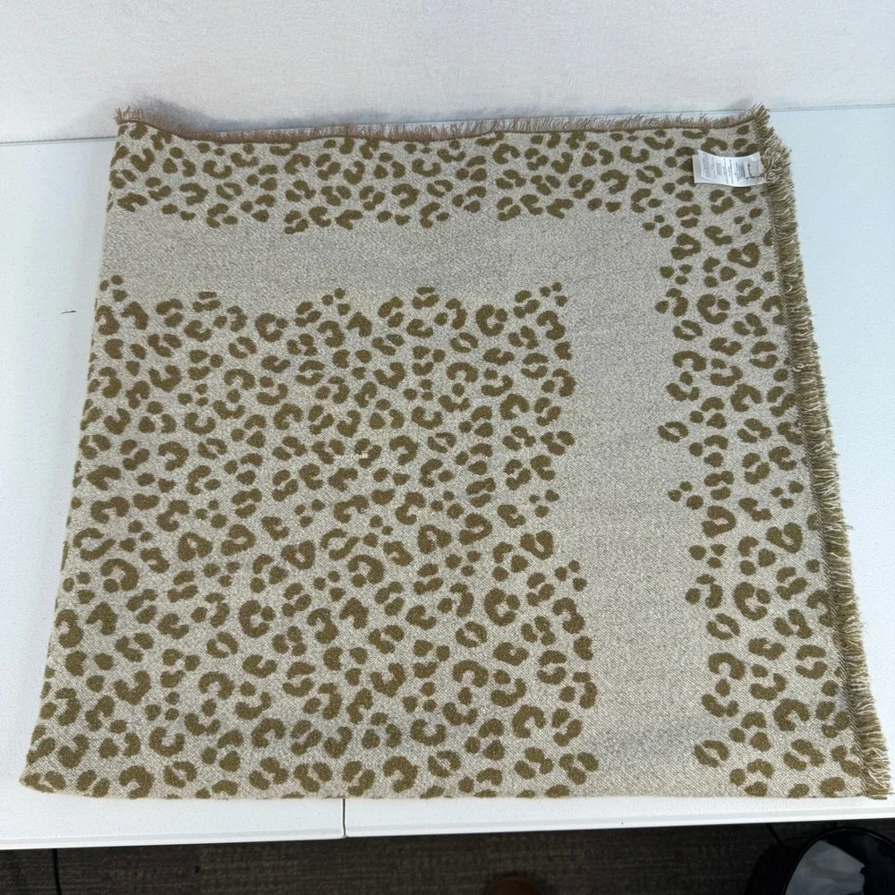 Bandana‎ Scarf in Mini Cheetah Print Fringed Edge Large Square Cozy Warm Beige